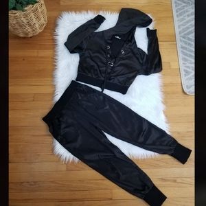 Main Strip 2 Piece Set Pants and Long Sleeves Hoodie Black Silk/Satin.